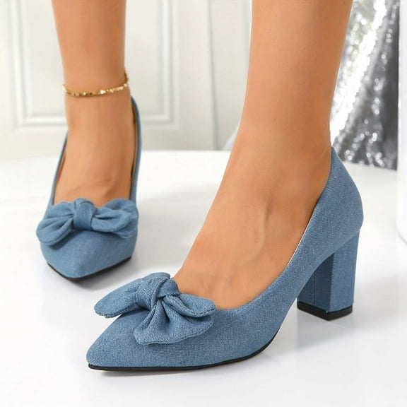 Jacenvly 2024 New Women's New Large Size Thick Heel Shallow Mouth Bow Fashion Heels Blue Sandals for Women