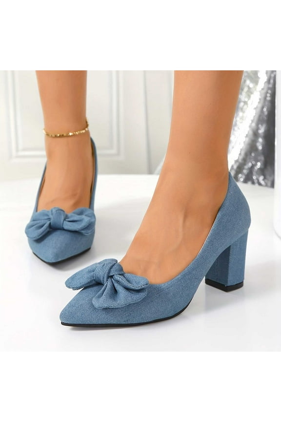 2024 New Women's New Large Size Thick Heel Shallow Mouth Bow Fashion Heels Blue Sandals for Women