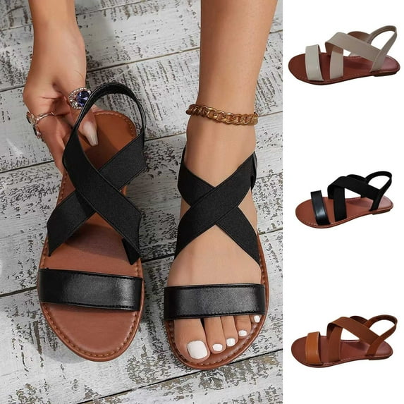 Jacenvly 2024 New Women's New Summer Elasticated Roman Beach Shoes Open-Toed Flat Sandals Beige Sandals for Women