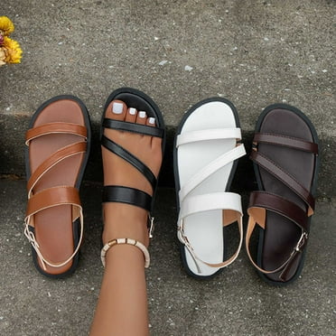 Jacenvly 2024 New Women's Plus-Size Flat Casual One Line Comfortable Buckle Beach Slippers Black Sandals for Women