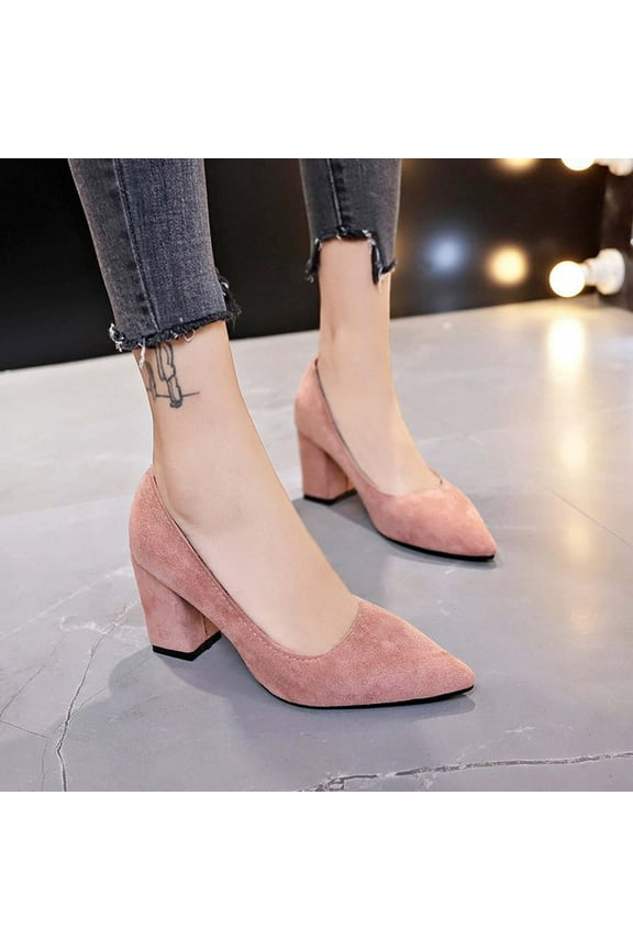 2024 New Women's Pointed Toe Chunky Heels High Heels Shoes Lightweight Flock Shoes Solid Color Casual Shoes Pink Sandals for Women
