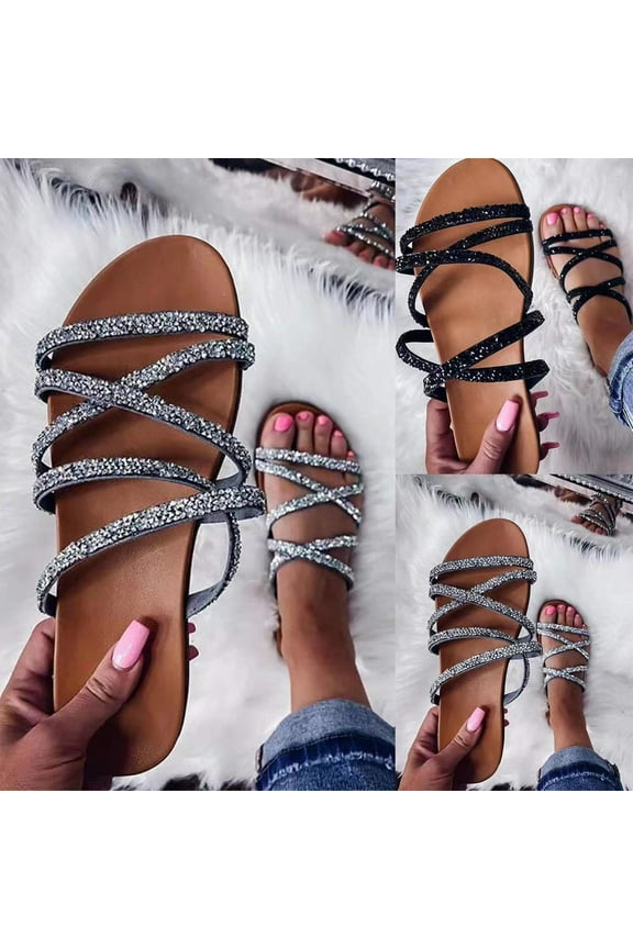 2024 New Women's Sandals Flip Flops Beach Slippers Summer Rhinestones Flat Shoes Black Sandals for Women