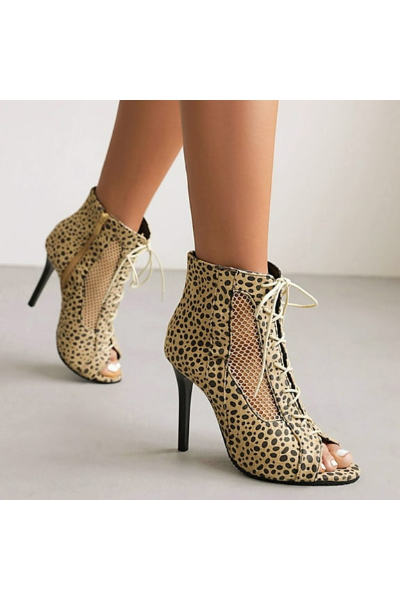 2024 New Women's Summer Lace-Up Casual Peep Toe Leopard Hollow Out Sandals High Heels Shoes Fashion Yellow Sandals for Women