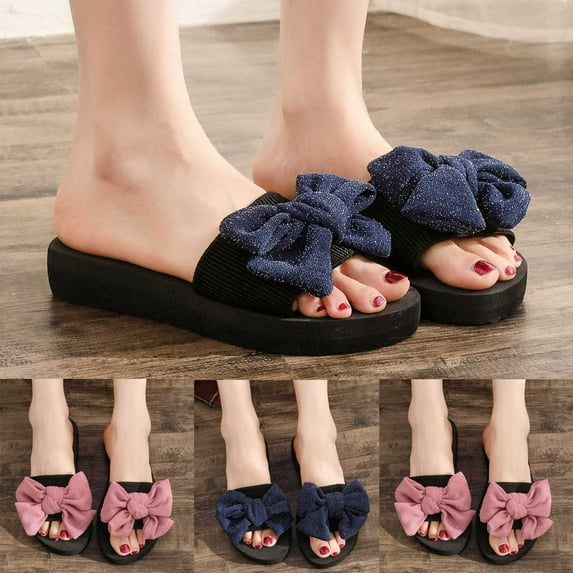 Jacenvly 2024 New Women's Summer New One-Line Rhinestone Pearl Bow Over Flat Sandals Blue Sandals for Women