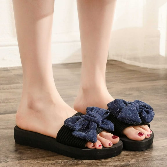 Jacenvly 2024 New Women's Summer New One-Line Rhinestone Pearl Bow Over Flat Sandals Blue Sandals for Women