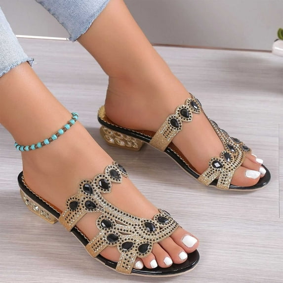 Jacenvly 2024 New Women's Summer New Rhinestone Color Diamond One Line Thick Sole Fashion Wedge Sandals Black Sandals for Women
