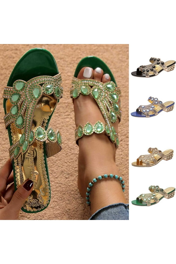 2024 New Women's Summer New Rhinestone Color Diamond One Line Thick Sole Fashion Wedge Sandals Black Sandals for Women