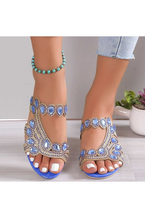 2024 New Women's Summer New Rhinestone Color Diamond One Line Thick Sole Fashion Wedge Sandals Blue Sandals for Women