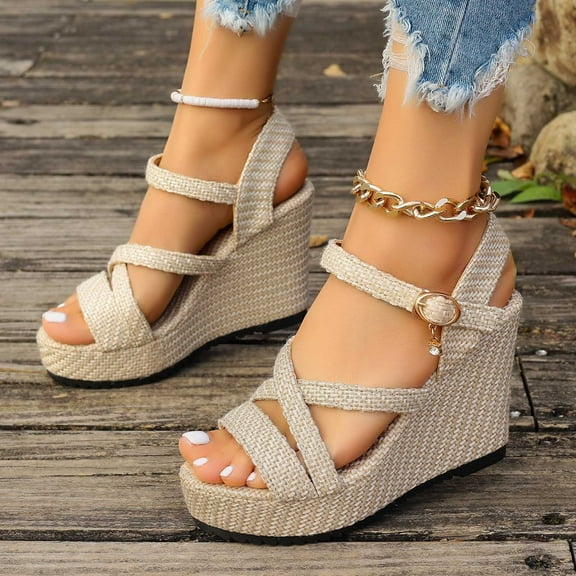 Jacenvly 2024 New Women's Summer Plus-Size New Vintage Solid Color Pendant Wedge Sandals Beige Sandals for Women