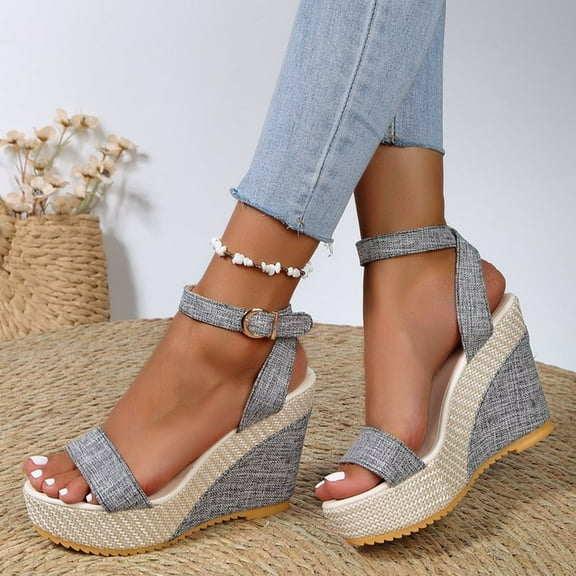 Jacenvly 2024 New Women's Summer Size Wedge Fish Mouth Roman Sandals Gray Sandals for Women