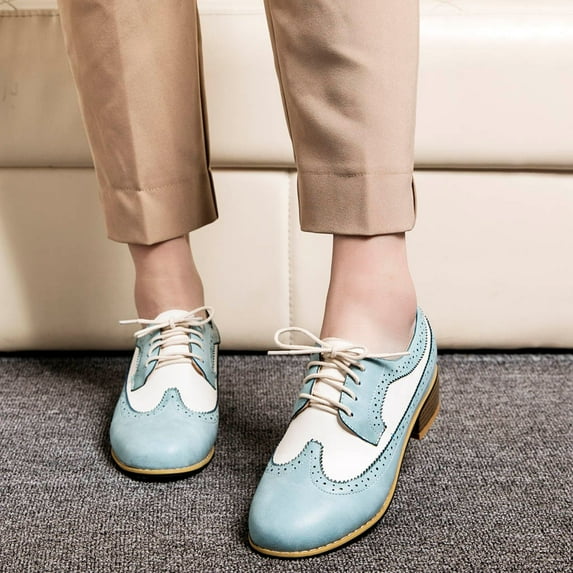 Jacenvly 2024 New Women's Vintage British Style Single Shoes Carved Thick Heel Small Shoes Light Blue Sandals for Women