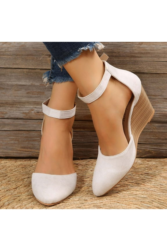 2024 New Womens Fashion Pointed Toe Sandals Metal Buckle 7.5Cm Wedges Shoes Dress Sandals Beige Sandals for Women