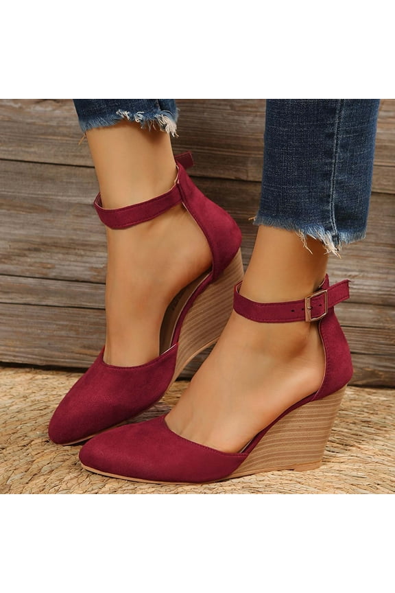 2024 New Womens Fashion Pointed Toe Sandals Metal Buckle 7.5Cm Wedges Shoes Dress Sandals Wine Sandals for Women