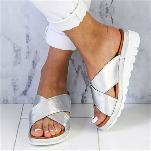 Jacenvly 2024 New Womens Fashion Wedges Shoes Open Toe Roman Slippers Beach Sandals Silver Sandals for Women