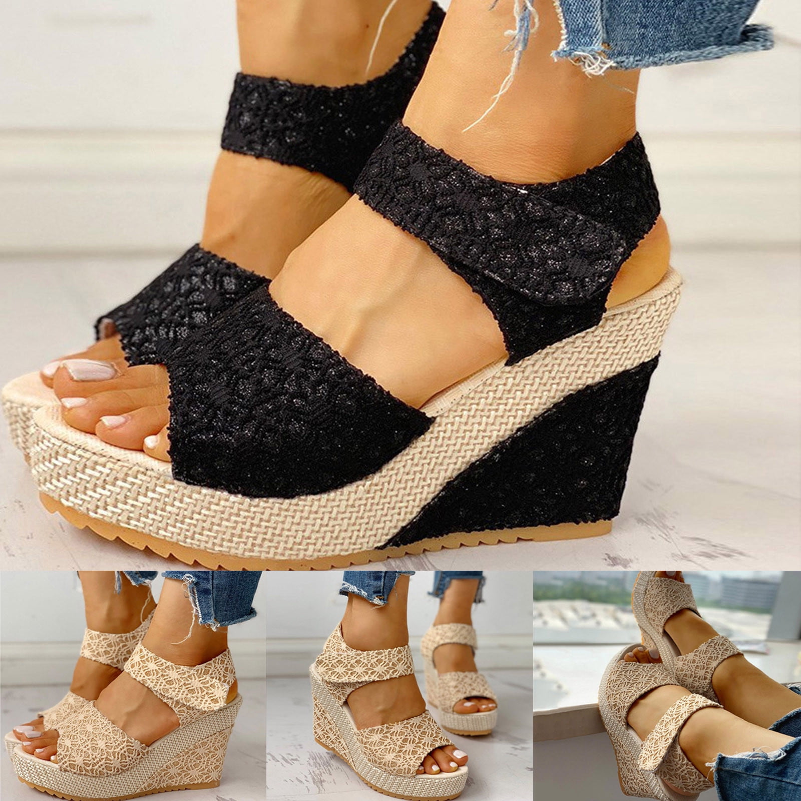 Jacenvly 2024 New Womens Wedge Platform Slingback Open Toe Summer Comfy High Heel Beach Sandals