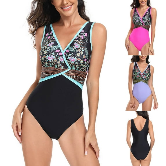 Jacenvly 2024 One Piece Bathing Suits for Women Cozy Sleeveless Contrast Color V-Neck Surfing Swimwear Lightweight Women'S Bikini Sports Swimsuit Tight and Quick Drying Swimsuit Black