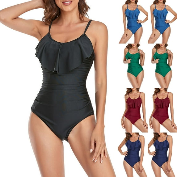 Jacenvly 2024 One Piece Bathing Suits for Women Cozy Sleeveless Solid Crewneck Surfing Swimwear Lightweight Women Bikini with Chest Pads Without Underwire Strap Swimsuit Beach Dark Blue
