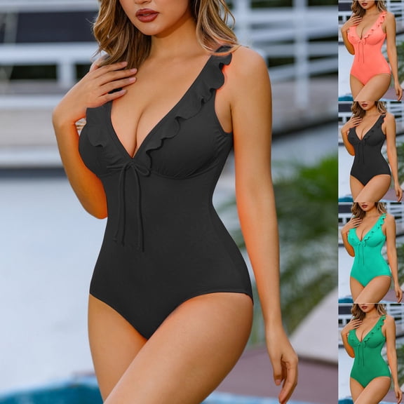 Jacenvly 2024 One Piece Swimsuits for Women New Style Sleeveless Solid V-Neck Surfing Swimwear Satiny Women'S Bikini Two-Piece Swimsuit Set Green