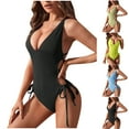 thumbnail image 1 of Jacenvly 2024 One Piece Swimsuits for Women New Style Sleeveless Solid V-Neck Surfing Swimwear Quick Drying Fashion Women Comfortable Short Sleeve Fold Color Green, 1 of 7
