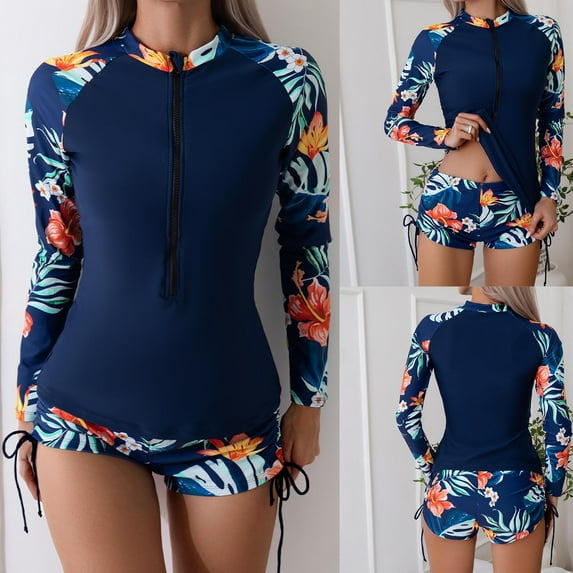 Jacenvly 2024 One Piece Swimsuits for Women Plus Size Casual Long Sleeve Diving Suit Contrast Color Zip Front Surfing Swimwear Comfortable Women'S New Fashion Split Bikini Blue