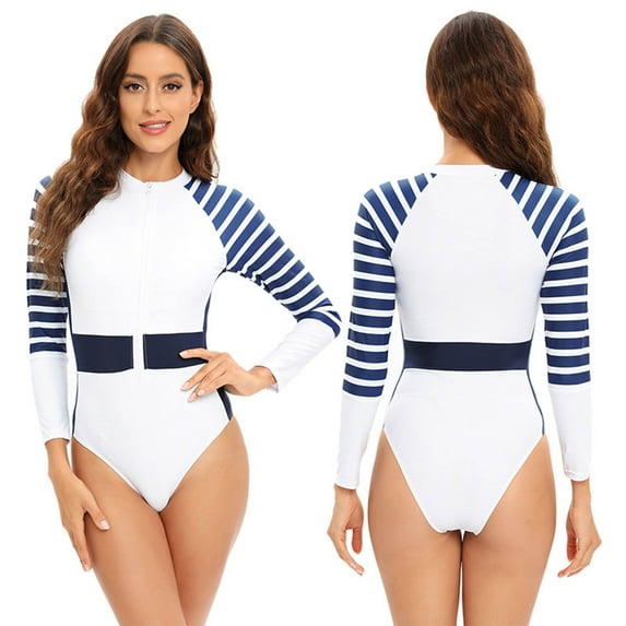 Jacenvly 2024 One Piece Swimsuits for Women Plus Size Clearance Casual Long Sleeve Diving Suit Striped Zipper Surfing Swimwear Comfortable Fashion Women Conjoined Body Sunscreen Bikinis Tops White