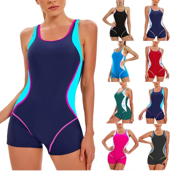 Jacenvly 2024 One Piece Swimsuits for Women Plus Size Clearance Casual Sleeveless Diving Suit Contrast Color Round Neck Surfing Swimwear Quick Drying Women'S Sports Color-Blocking Backless Sky Blue