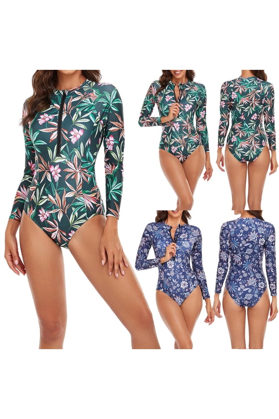 2024 One Piece Swimsuits for Women Plus Size Cozy Long Sleeve Diving Suit Floral Zip Front Surfing Swimwear Quick Drying Flowers Swim Siamese Summer Beach One-Piece Swimwear Green