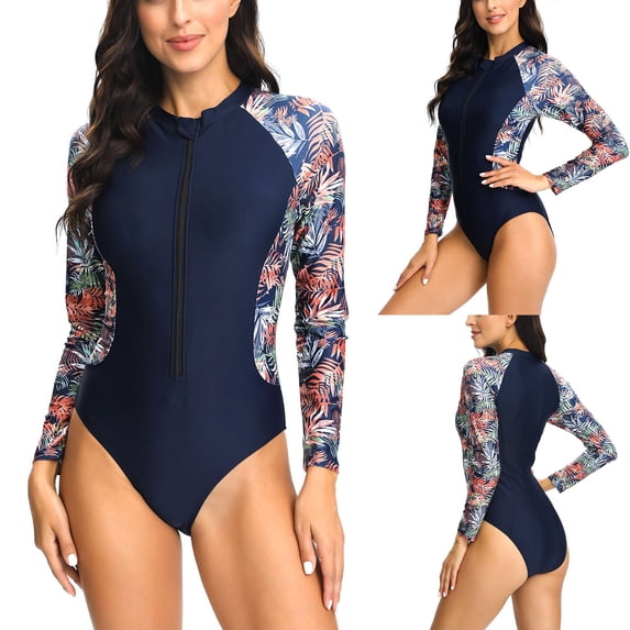 Jacenvly 2024 One Piece Swimsuits for Women Plus Size New Style Long Sleeve Diving Suit Contrast Color Zip Front Surfing Swimwear Quick Drying Ladies Fashion Multicolor Leaf Print Navy