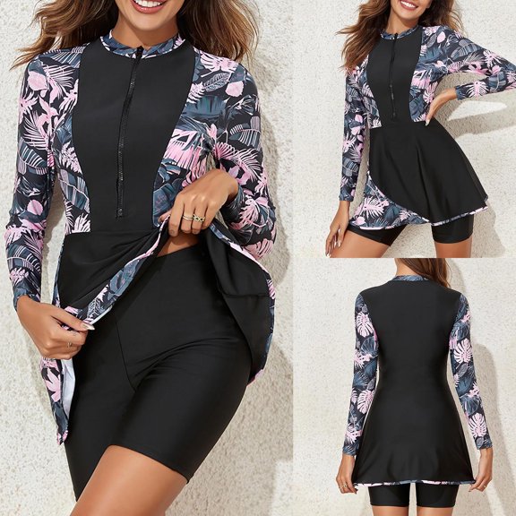 Jacenvly 2024 One Piece Swimsuits for Women Plus Size New Style Long Sleeve Diving Suit Contrast Color Zipper Surfing Swimwear Quick Drying Women'S New Fashion Split Casual Bikini Black