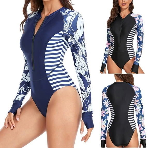 Jacenvly 2024 One Piece Swimsuits for Women Plus Size Trendy Long Sleeve Diving Suit Color Block Zip Front Surfing Swimwear Skin-Friendly Women Siamese Summer Beach Zipper Swimwear Blue