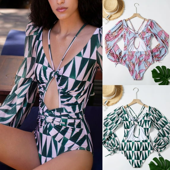 Jacenvly 2024 One Piece Swimsuits for Women Plus Size Trendy Long Sleeve Diving Suit Leopard Print V-Neck Surfing Swimwear Skin-Friendly Women Swimwear Printing Bandage Siamese Bikini Blue