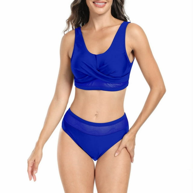 Jacenvly 2024 Plus Size Bikini Swimsuits for Women Comfortable Women's Mesh Hollow Color Bikini Two-Piece Swimsuit Set Solid Fashion Summer Beach Dresses Blue