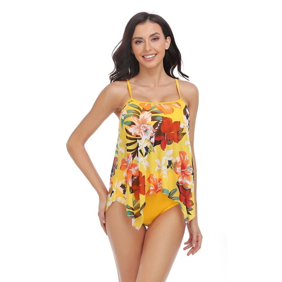 Jacenvly 2024 Plus Size Bikini Swimsuits for Women Skin-Friendly Parent-Child Ladies Swimsuit Set High Waist Backless Swimsuit Bikini Set Floral Cozy Summer Beach Dresses Yellow