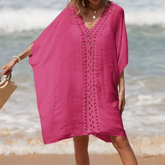 Jacenvly 2024 Swimdress for Women Plus Cover Up Comfortable Womens Bathing Suit Bikini Swimsuit Coverup Beach Crochet Loose Hollow Out Coverup Skirt Solid V-Neck Fashion Hot Pink