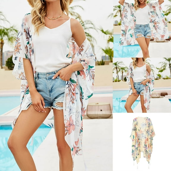 Jacenvly 2024 Swimdress for Women Plus Cover Up Quick Drying Women's Kimono Beach Swimsuit Cover Up Chiffon Cardigan Summer Print Floral Trendy Beige