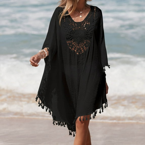 Jacenvly 2024 Swimdress for Women Plus Cover Up Quick Drying Womens Bathing Suit Bikini Swimsuit Coverup Beach Tassels Loose Hollow Out Coverup Skirt Solid Trendy Black