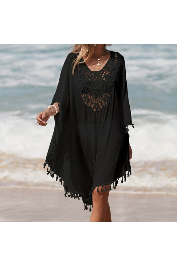 2024 Swimdress for Women Plus Cover Up Quick Drying Womens Bathing Suit Bikini Swimsuit Coverup Beach Tassels Loose Hollow Out Coverup Skirt Solid Trendy Black
