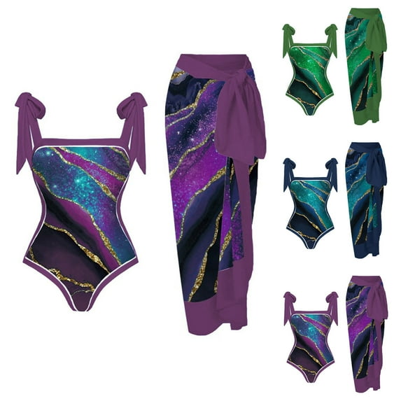 Jacenvly 2024 Swimsuit Women Two Piece Clearance New Style Sleeveless Contrast Color Boat Neck Surfing Swimwear Quick Drying Women'S Bikini Lace up Swimsuit Long Skirt Chiffon Two-Piece Set Purple