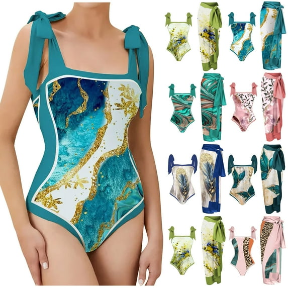 Jacenvly 2024 Swimsuit Women Two Piece New Style Sleeveless Floral Boat Neck Surfing Swimwear Skin-Friendly Ladies Fashion Retro Print Tight Fitting Bikini Women'S Overskirt Suit Blue