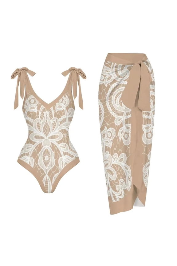 2024 Swimsuit Women Two Piece Trendy Sleeveless Floral V-Neck Surfing Swimwear Comfortable Women'S Vintage Printed Conservative Women'S Printed Beach Skirt Set Khaki