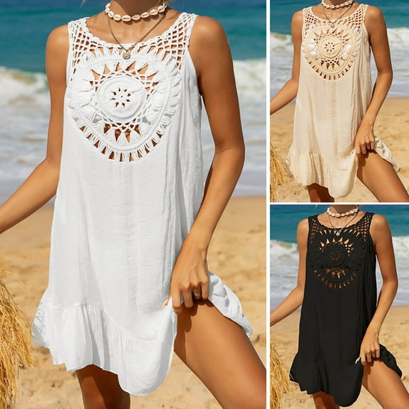 Jacenvly 2024 Women's Beach Cover-Ups Soft Satiny Womens Bathing Suit Bikini Swimsuit Coverup Beach Crochet Loose Hollow Out Coverup Skirt Solid Casual Beige