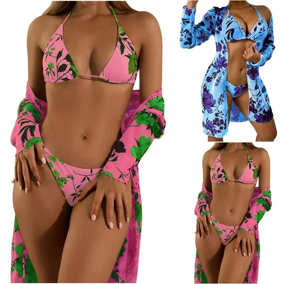 Jacenvly 2024 Womens Hawaiian 3 Piece Set Fashion Long Sleeve Swimsuit Floral with Cover up Surfing Swimwear Skin-Friendly Women'S Print Three-Piece Slim Swimsuit Bikini Straped Hot Pink