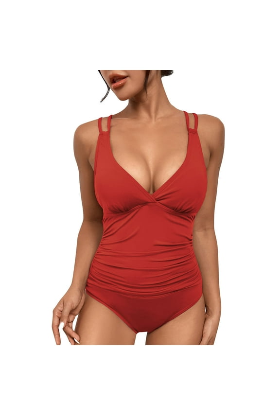 2024 Womens One-Piece Swimsuit Breathable Fashion Women Comfortable Short Sleeve Fold Printed Bikini Set Solid V-Neck New Style Womens Swimwear Plus Size Red