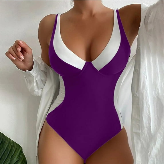 Jacenvly 2024 Womens Swimwear One Piece Comfortable Woman and Fashionable Beach Swimsuit with Printed Summer Swimsuit Tropical Fashion One-Piece Swimsuit Purple