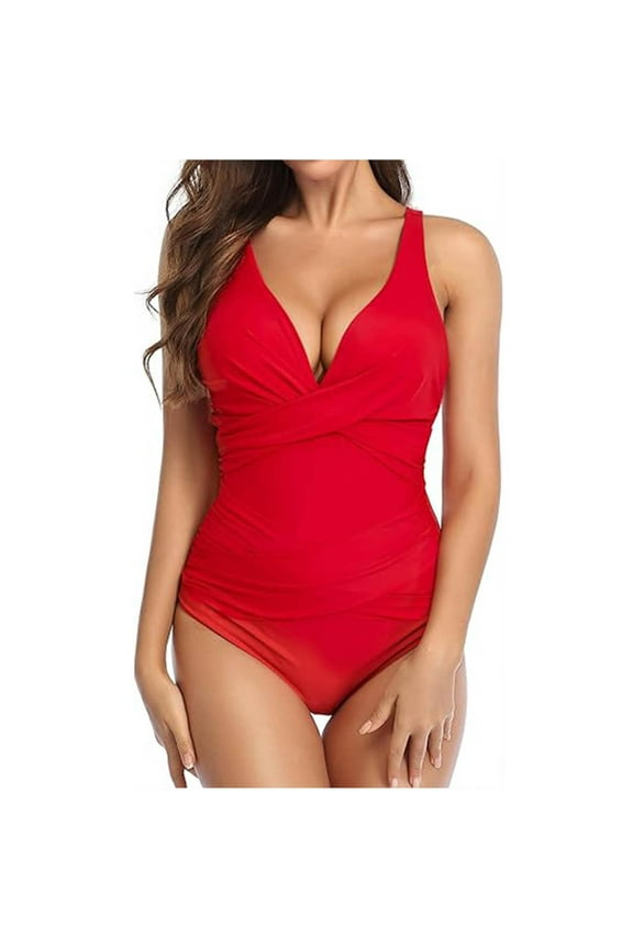 2024 Womens Swimwear One Piece Skin-Friendly Swimsuits for Women Slimming Bathing Suit Retro Ruched Push Up Vintage Padded Swimwear Multicolor V-Neck Cozy One-Piece Swimsuit Red