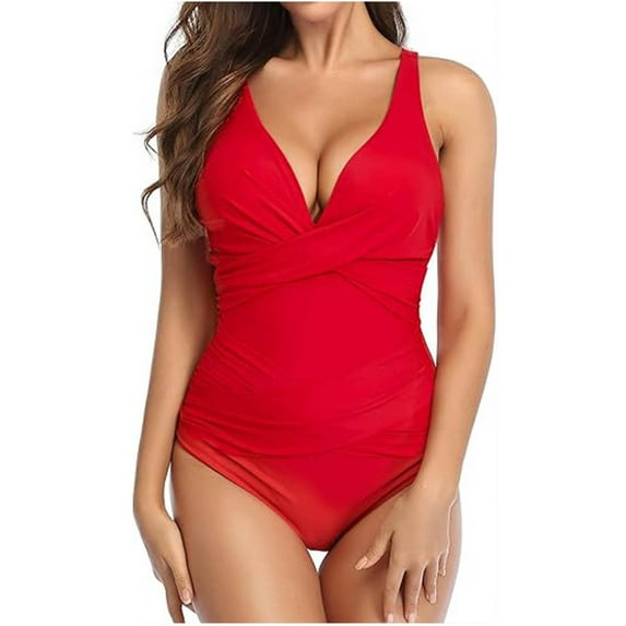 Jacenvly 2024 Womens Swimwear One Piece Skin-Friendly Swimsuits for Women Slimming Bathing Suit Retro Ruched Push Up Vintage Padded Swimwear Multicolor V-Neck Cozy One-Piece Swimsuit Red