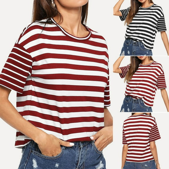 Jacenvly 2024 new ladies plus size tops tunic Leisure Women's Short Sleeve Striped Print Patchwork Top Blouse Casual Tee soft Satiny Crewneck summer clothes for women Black