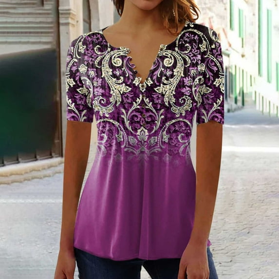 Jacenvly 2024 new plus size womens clothes Casual Women Print Loose Short Sleeve Top Blouse Pullover breathable Multicolor Ruffle Trim Flouncev neck t shirts t-shirts womens summer Hot Pink