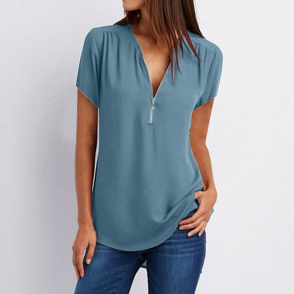 Jacenvly 2024 new plus size womens clothes Fashion Women's Summer Short Sleeve Half Zip Casual Tunic Rollable Blouse Tops breathable Solid v neck t shirts t-shirts womens summer Light Blue