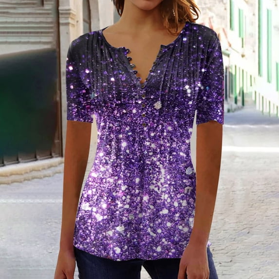 Jacenvly 2024 new plus size womens clothes Leisure Women Casual Print Loose Short Sleeve Top Blouse Pullover soft Multicolor Ruffle Trim Flouncev neck t shirts t-shirts womens summer Purple